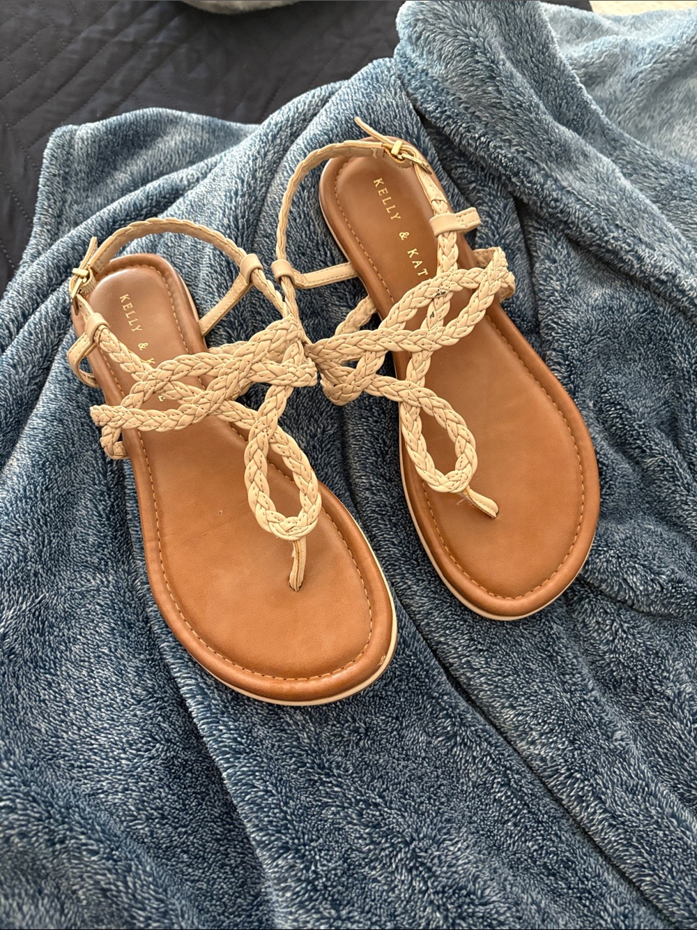 Kelly & Katie Braided Tan Thong Sandals with Adjustable Ankle Strap
